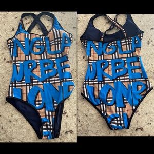 Women's Blue Graffiti Print Vintage Check one piece swimsuit